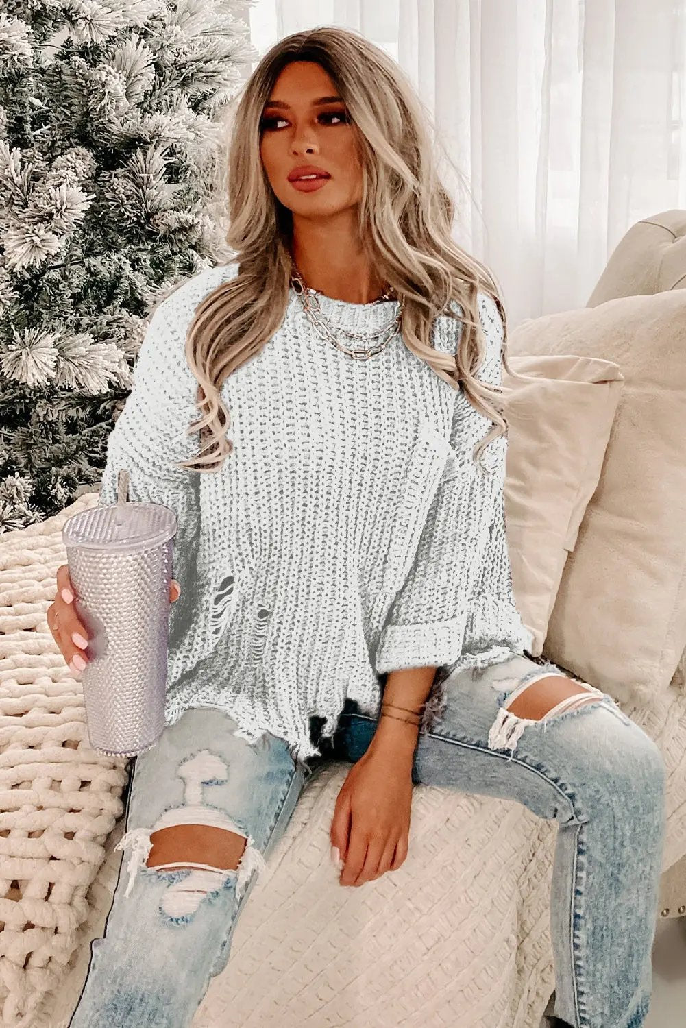 Alina Ripped Raw Hem Chunky Pullover Sweater for Women - Love Salve